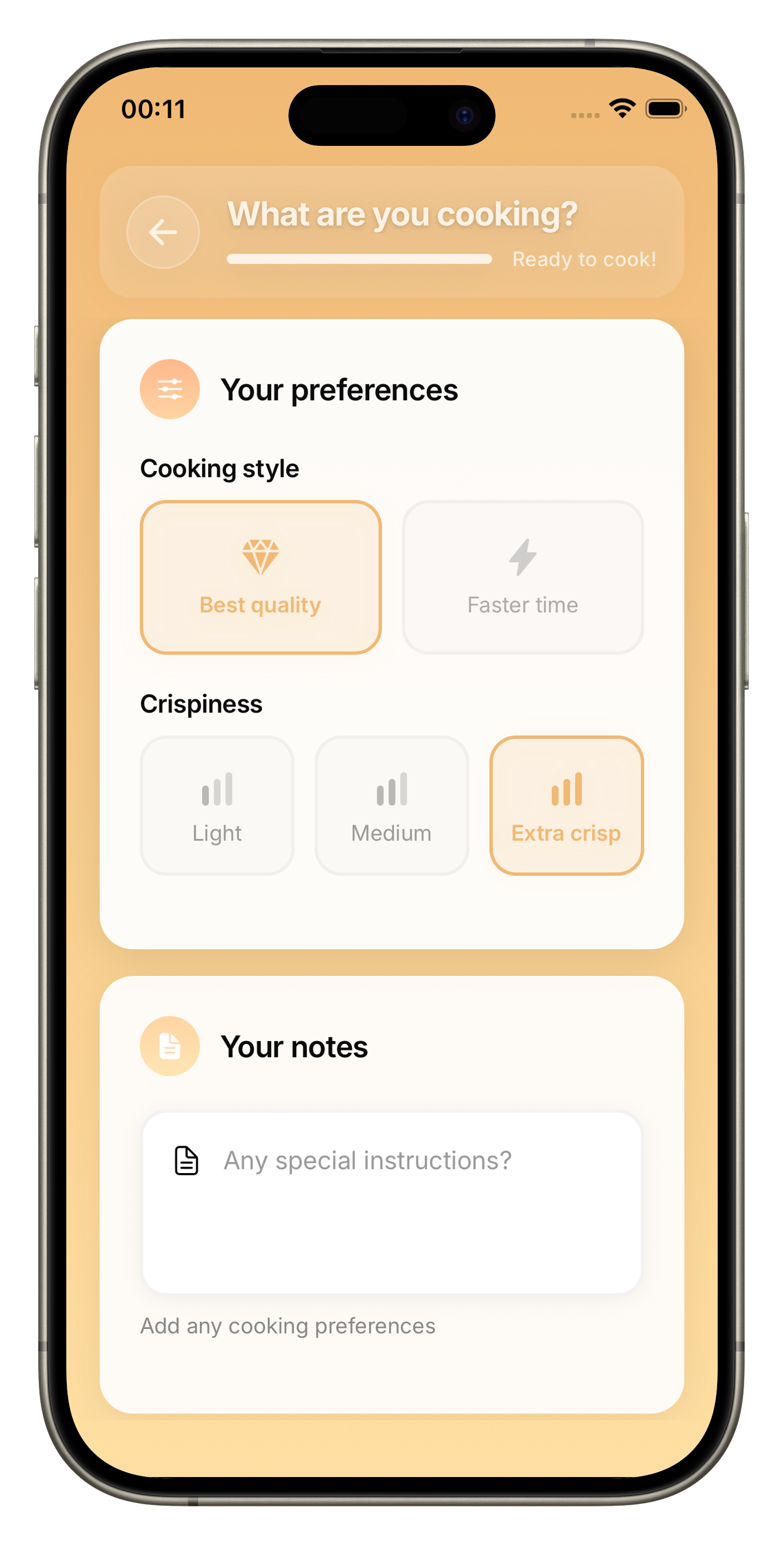 Cooking preferences screen